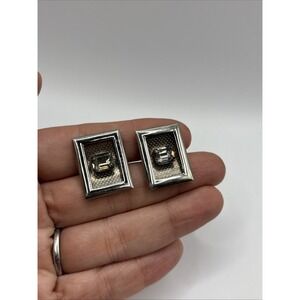 Vintage Pioneer 1960's Silver Tone Rectangle  Cufflinks With‎ Grey Rhinestone